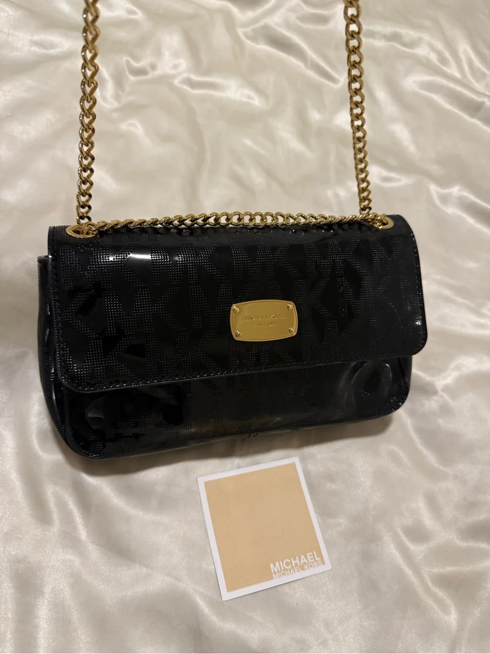 Michael Kors Black Patent Shoulder Bag with Gold Chain